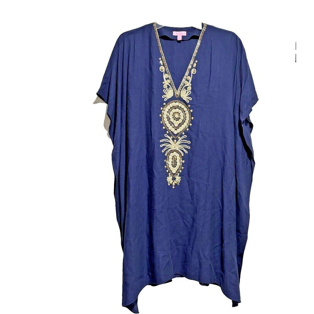 Lilly Pulitzer Chai Embellished Caftan Dress‎ Cover Up Womens Size S/M Dk Blue